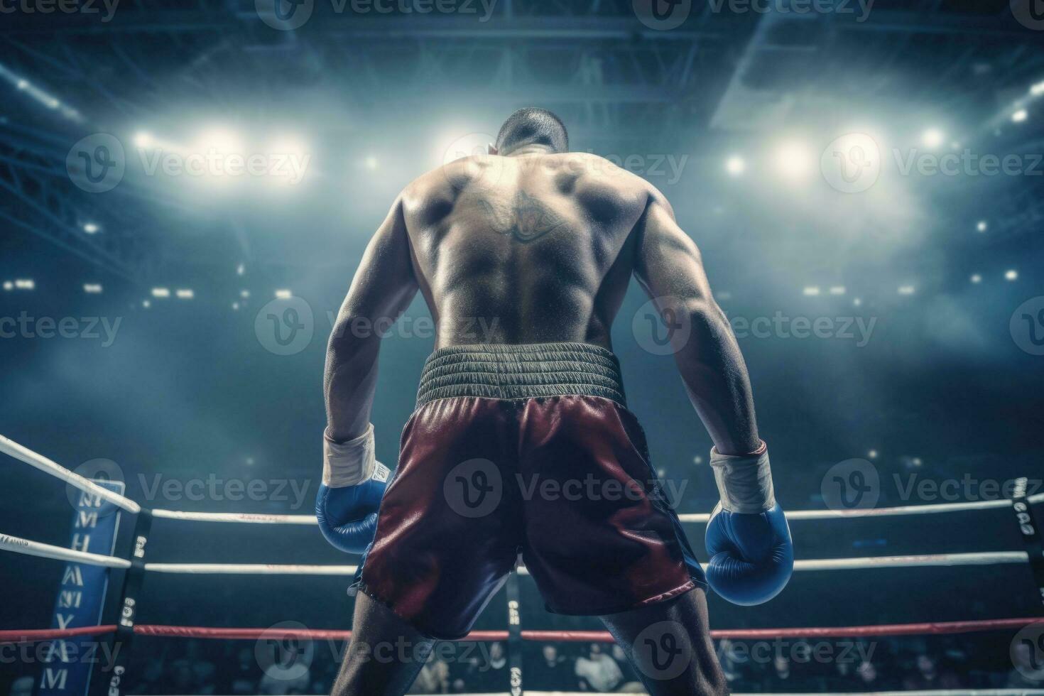 Back view of professional boxer. Ring match with spot lighting. Generative AI photo