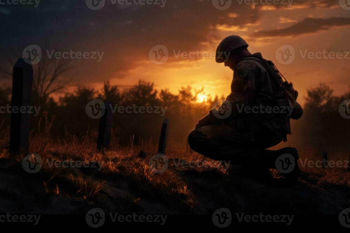 Military man kneeling of grave fallen soldier on sunset background. Generative AI photo