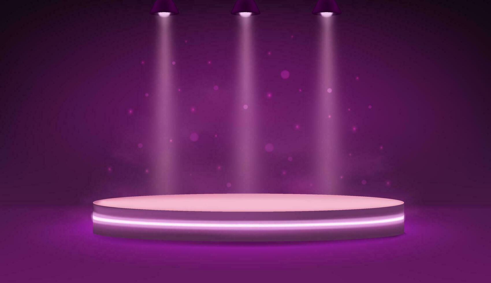3d púrpura neón pastel podio iluminado por lamparas desde encima y niebla alrededor. volumétrico plataforma para el presentación de descuento productos vector