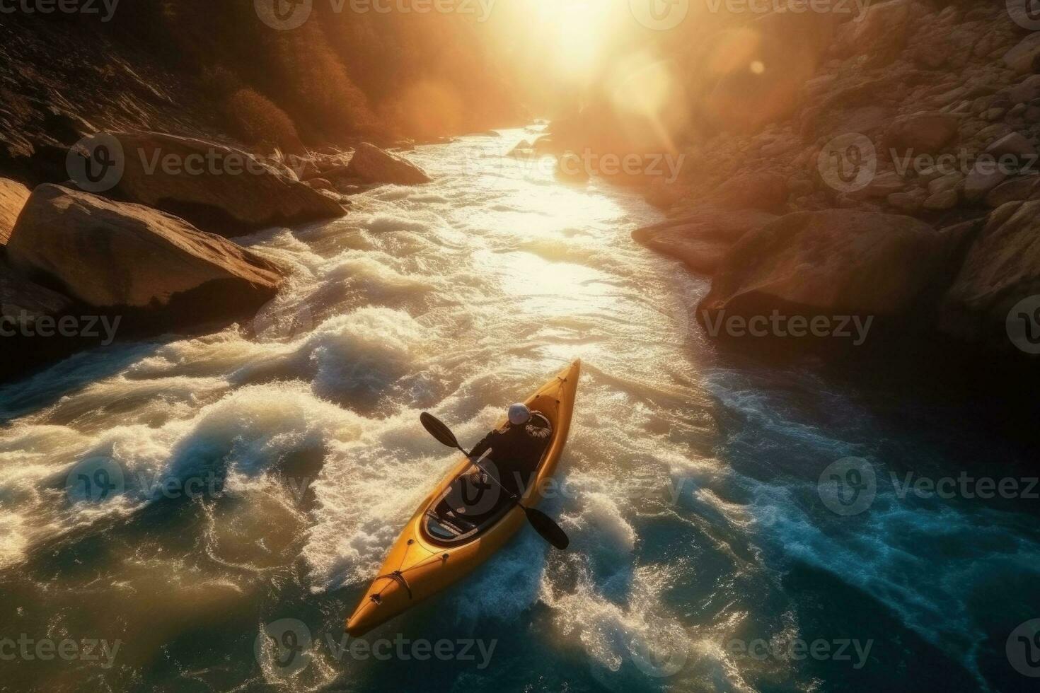 Aerial top view of extreme sport. Kayak sails mountain river. Rafting, kayaking. Generative AI photo