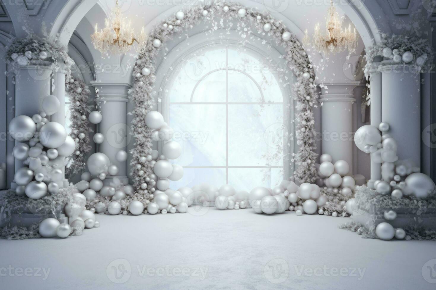 Arch made of christmas tree balls with decor. White christmas decorations. AI generated photo