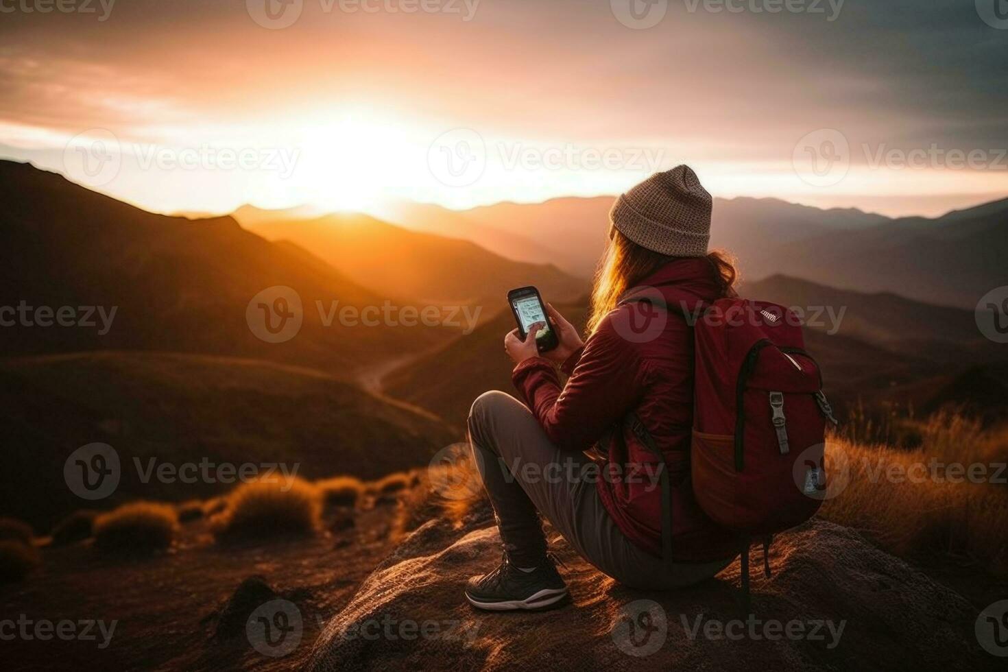 Travel blogger make photos. Wanderlust traveling. Female traveler in trip. Generative AI photo