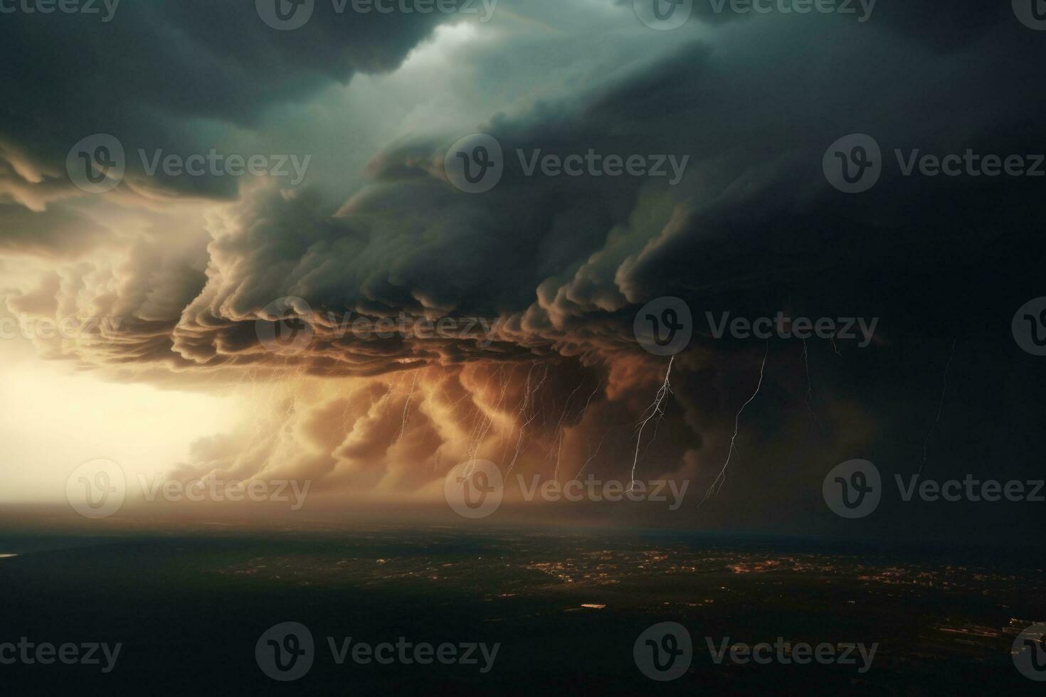 Huge cloudy windy storm. Sky with dramatic clouds from an approaching thunderstorm. Generative AI photo