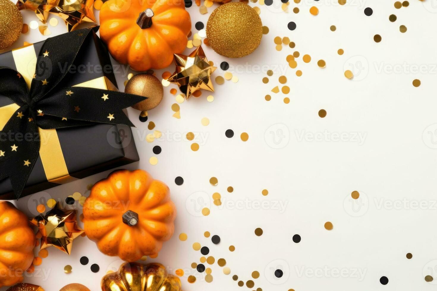 Halloween flat lay composition with pumpkins, bats, spiders, web on white background. Top view. AI generated photo