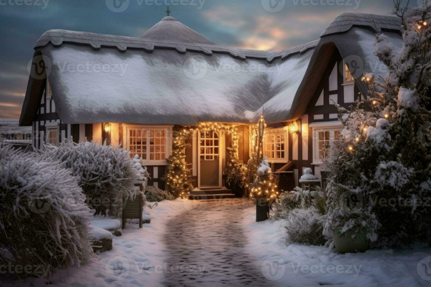 invierno acogedor tejado de paja cabaña cerca a playa. decorado con luces. ai generado foto