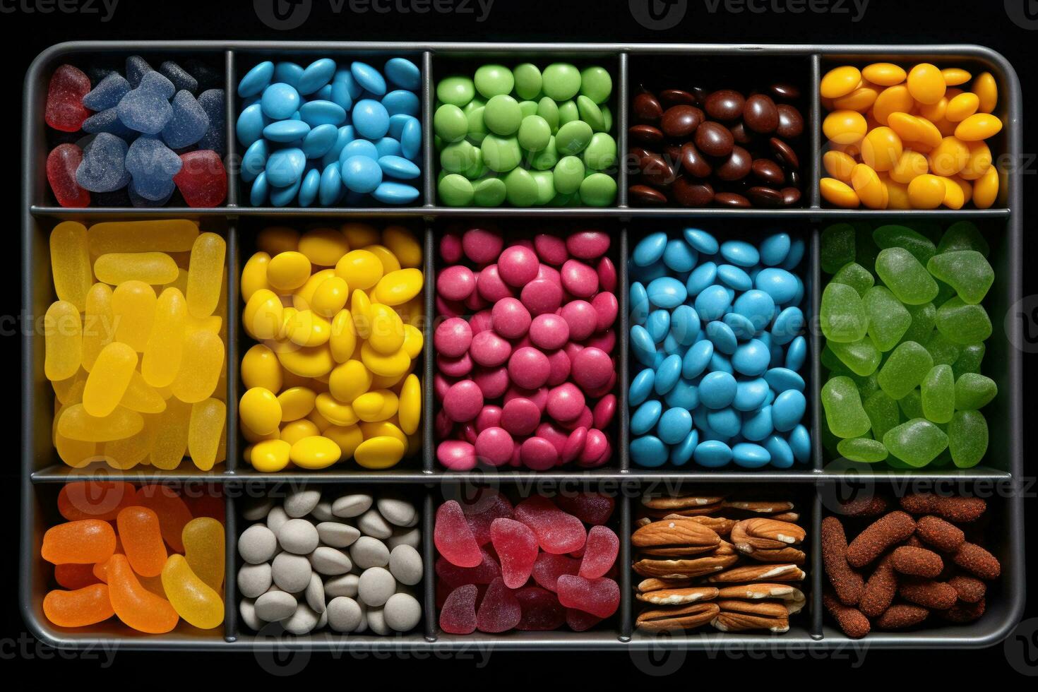 Mix of candies in box. Marshmallows, candies, dragee, fruit jelly. Top view flat lay. Generative AI photo