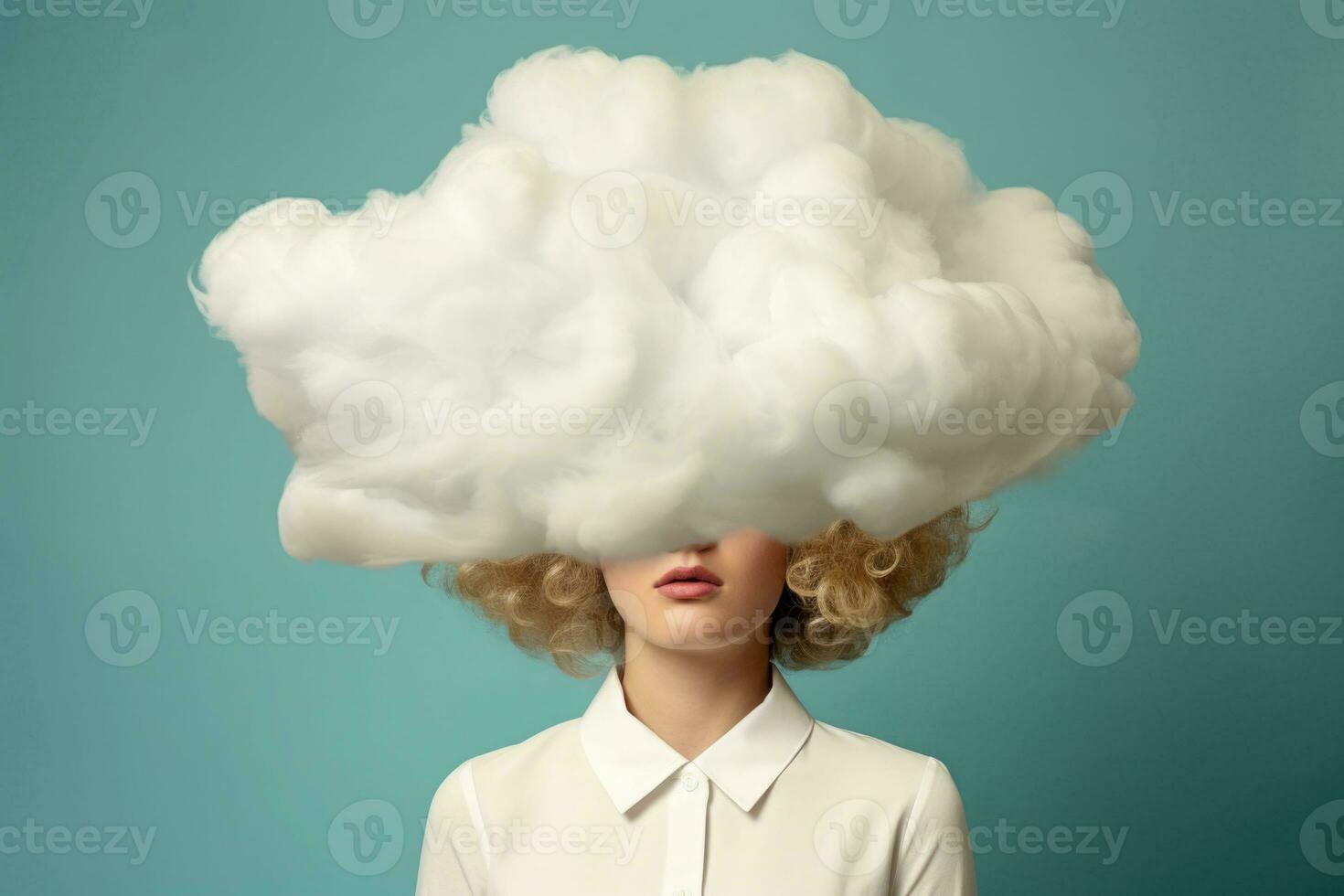 Woman with head in clouds. Generative AI photo