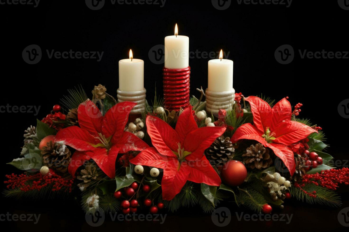Advent candles and fir branches with Christmas decoration on a dark background. AI generated photo