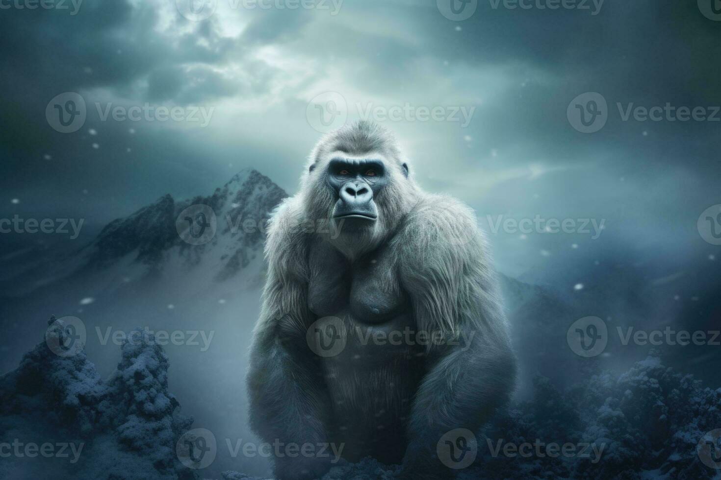 A white gorilla stands on a snowy mountain top. Animal portrait. Generative AI photo