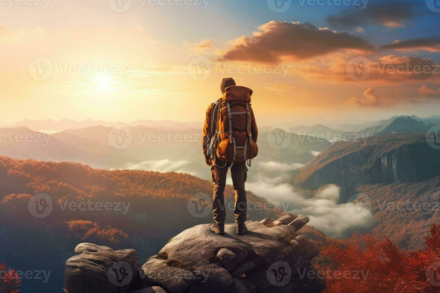 Tourist with backpack on the peak looks on the sunset. Sport and active life concept. Generative AI photo
