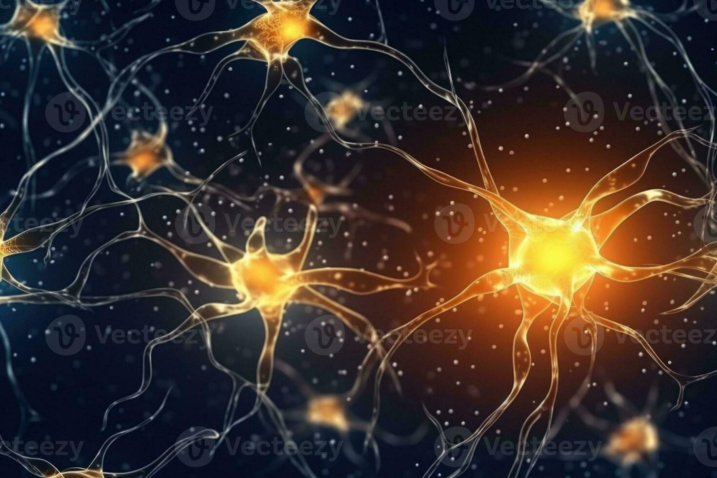 Nerve cell in blue and gold colors. System neuron of brain with synapses. Generative AI photo