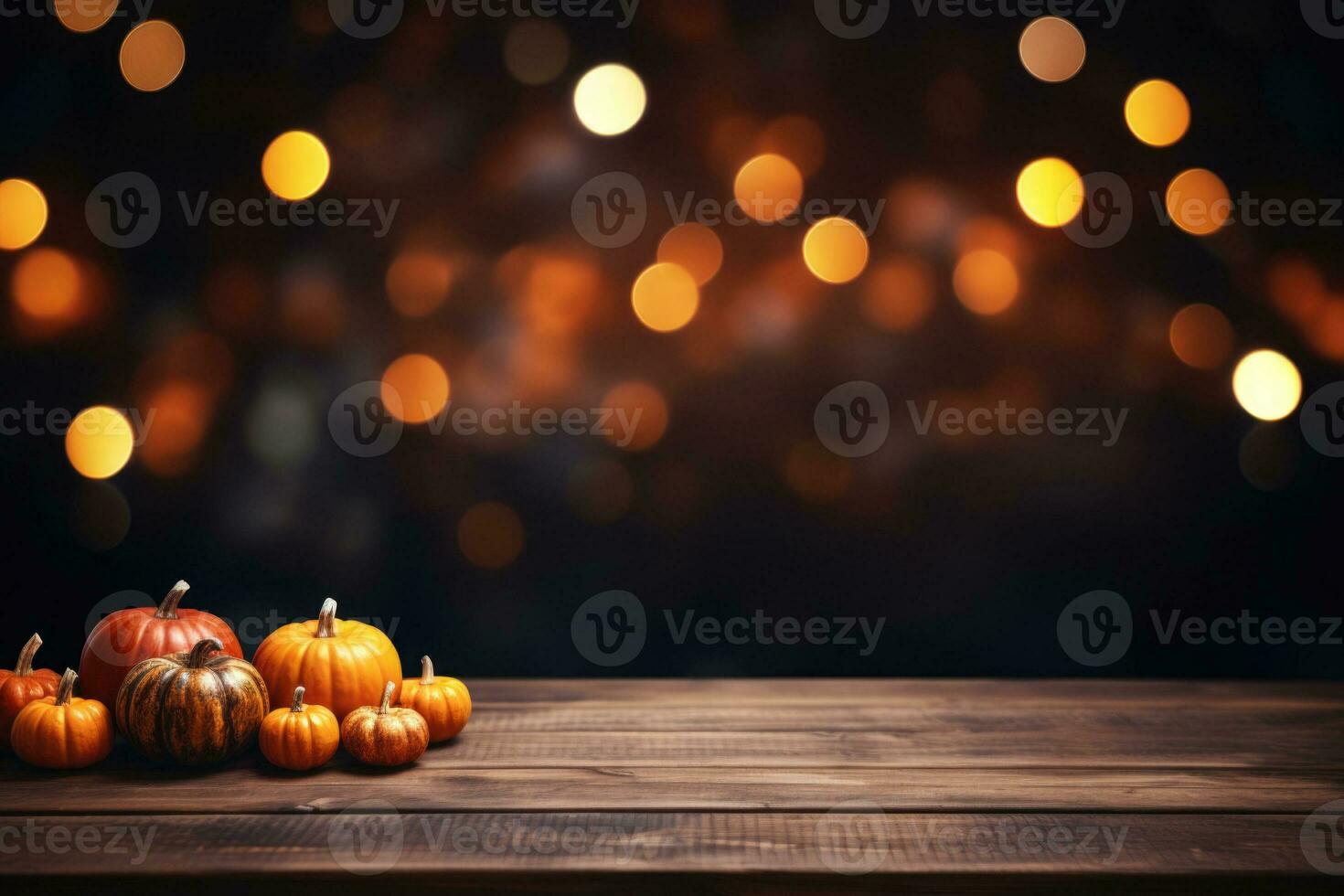 Empty dark wood table top with blurred bright Thanksgiving background. AI generated photo