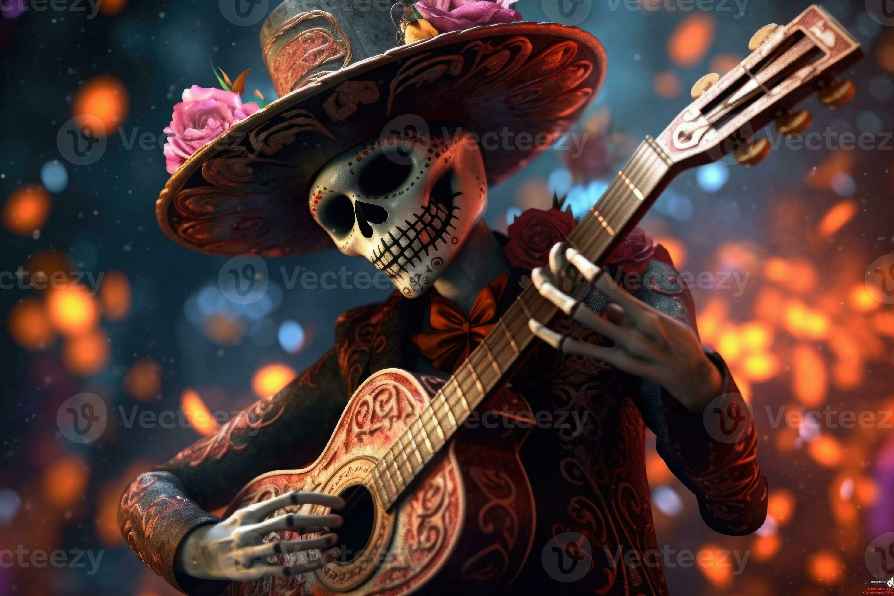 A skeleton mariachi playing the guitar. The Day of the Dead style