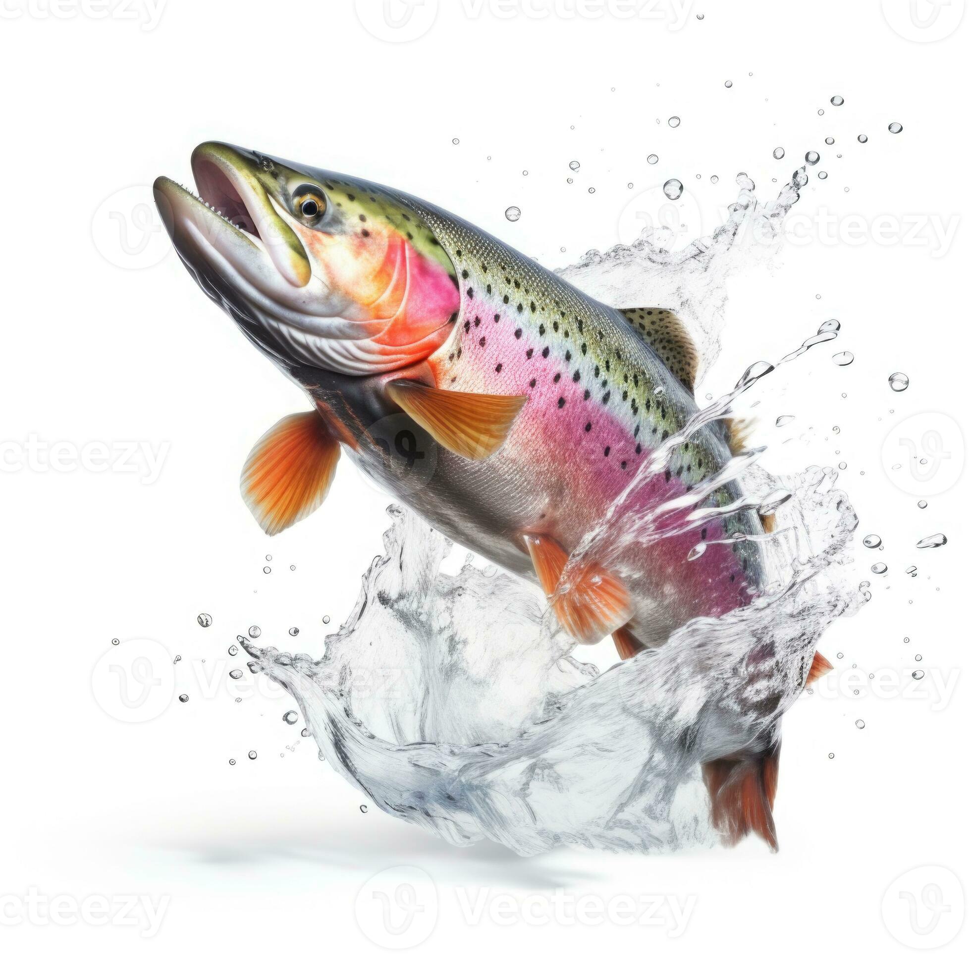 Rainbow trout jumping up and splashing on white background. Generative