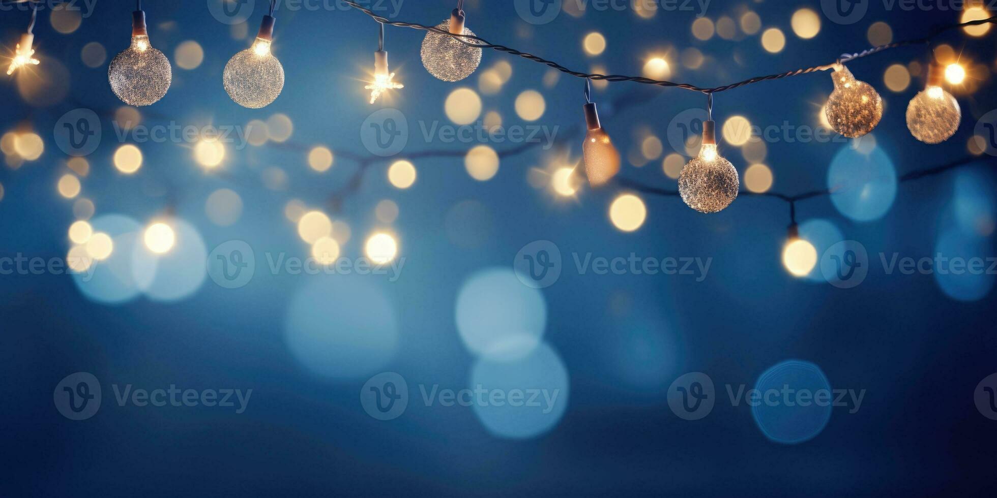 Christmas garland bokeh lights over blue background. Minimalist holiday illumination. AI generated photo