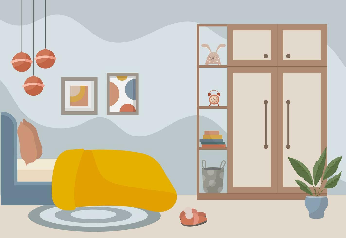 Bedroom interior bed, wardrobe, carpet, paintings, books, soft toy, flower in a pot. Interior concept. Vector flat illustration.