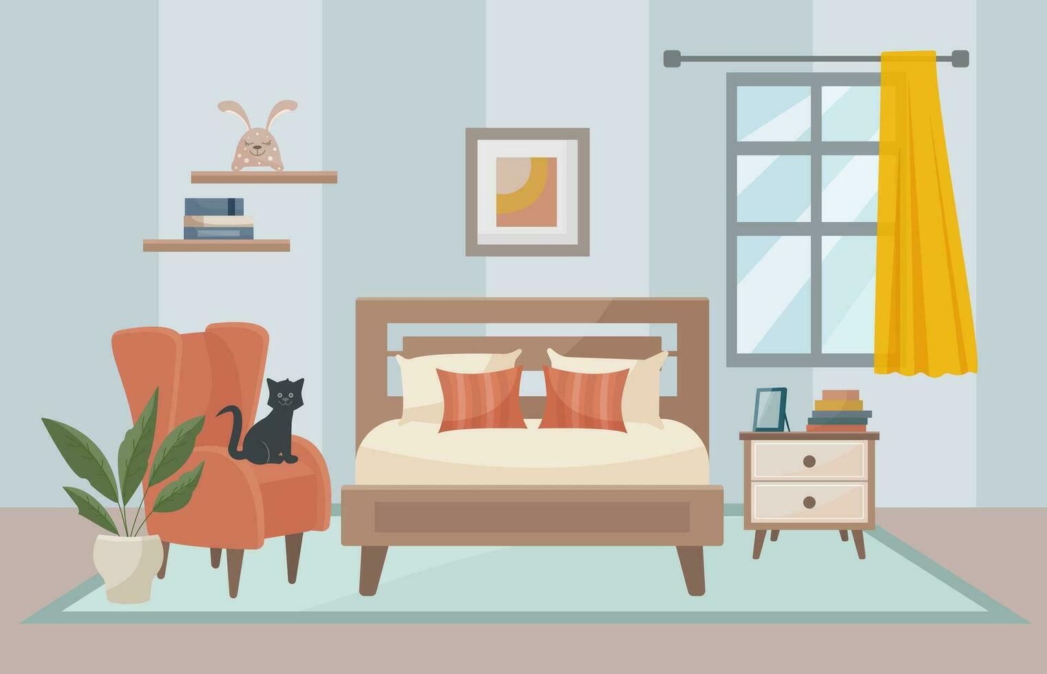 Bedroom interior armchair, bed, bedside table, photo frame, shelves, books, soft toy. Interior concept. Black cat on a chair. Vector flat illustration.
