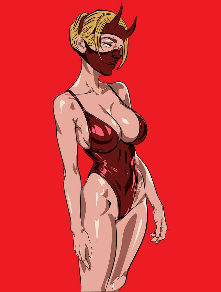 Mask Girls In Red Outfit TShirt Illustration Design Vector