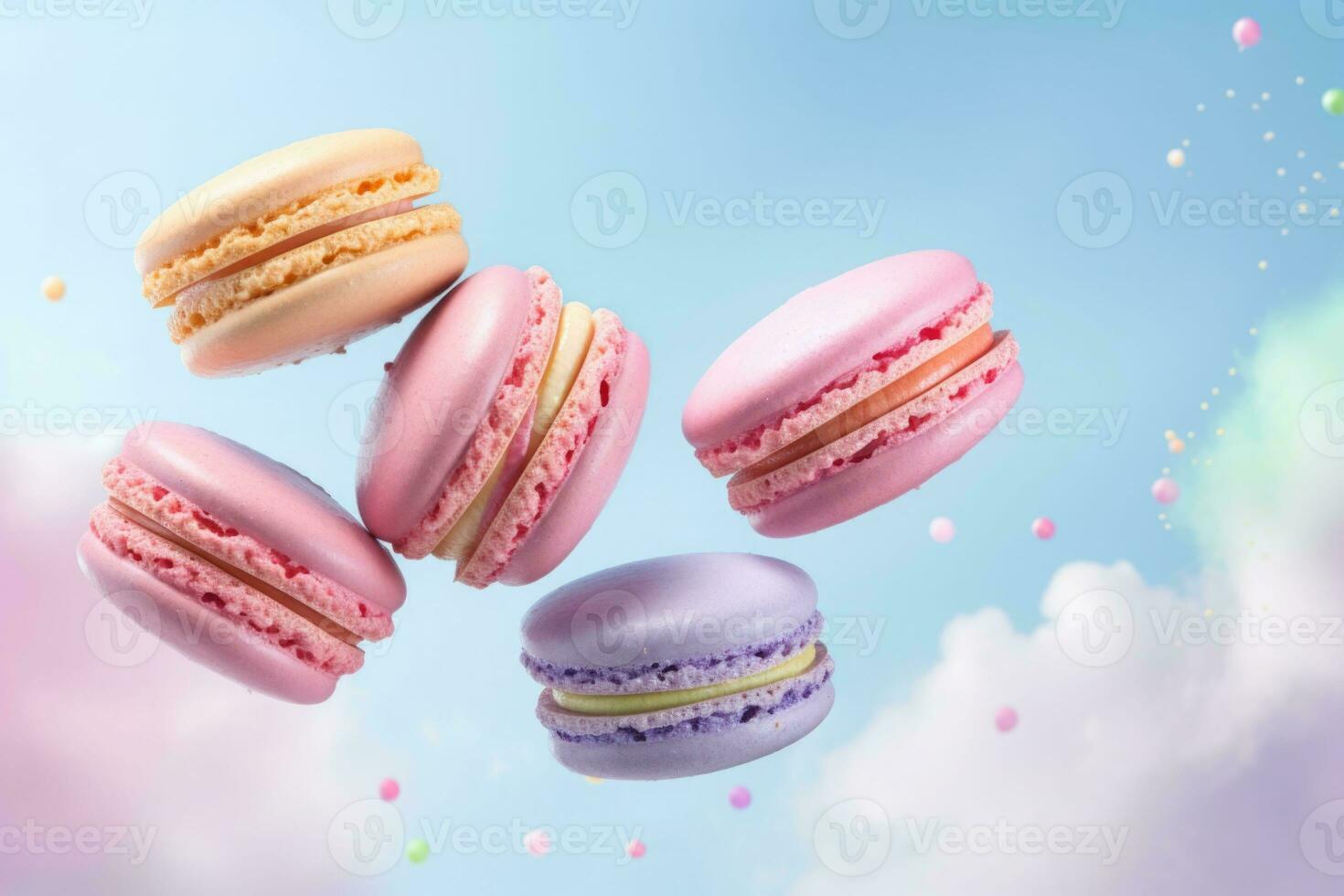 Macaroons in motion falling. Sweet colorful french macaroons levitation in the air. Generative AI photo