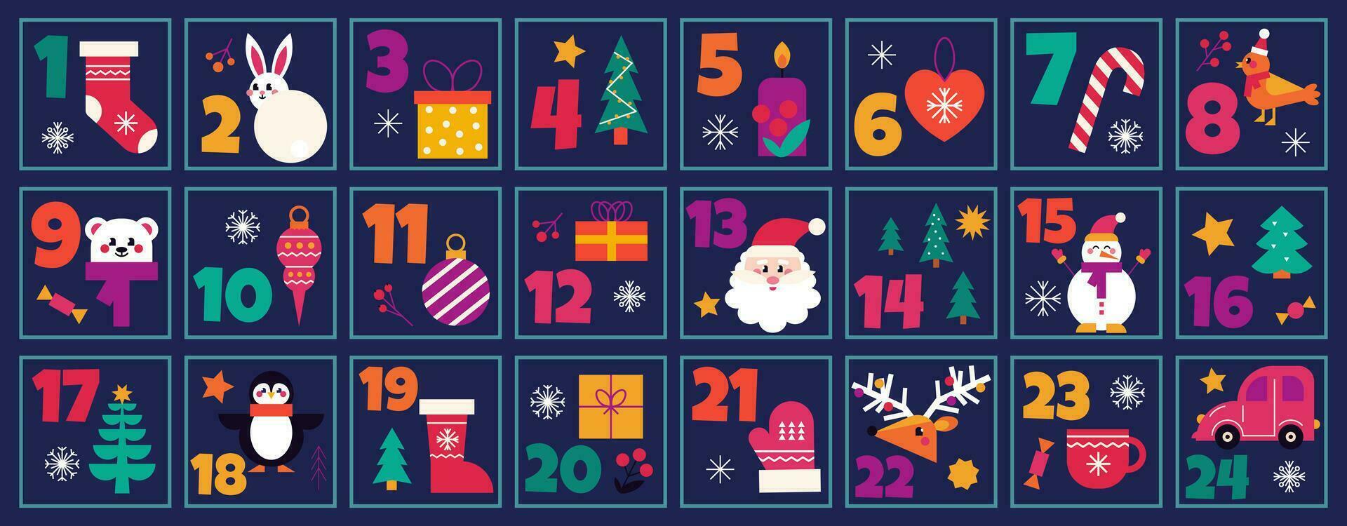 Navidad adviento calendario cuenta regresiva imprimible numerado póster con Navidad elementos y símbolos, vector ilustración