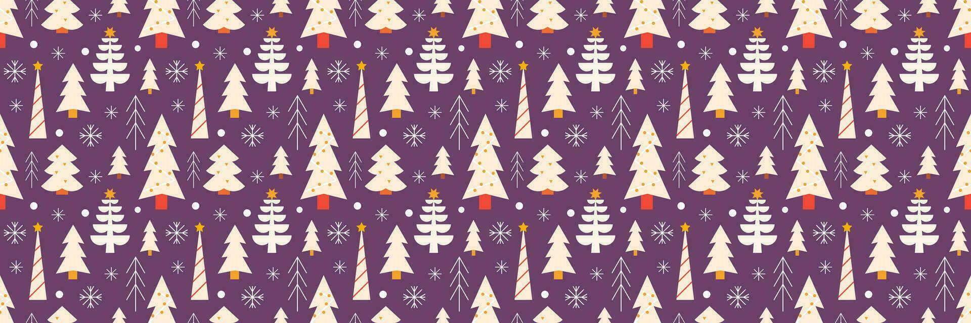 Christmas trees with snowflakes, vector seamless festive pattern