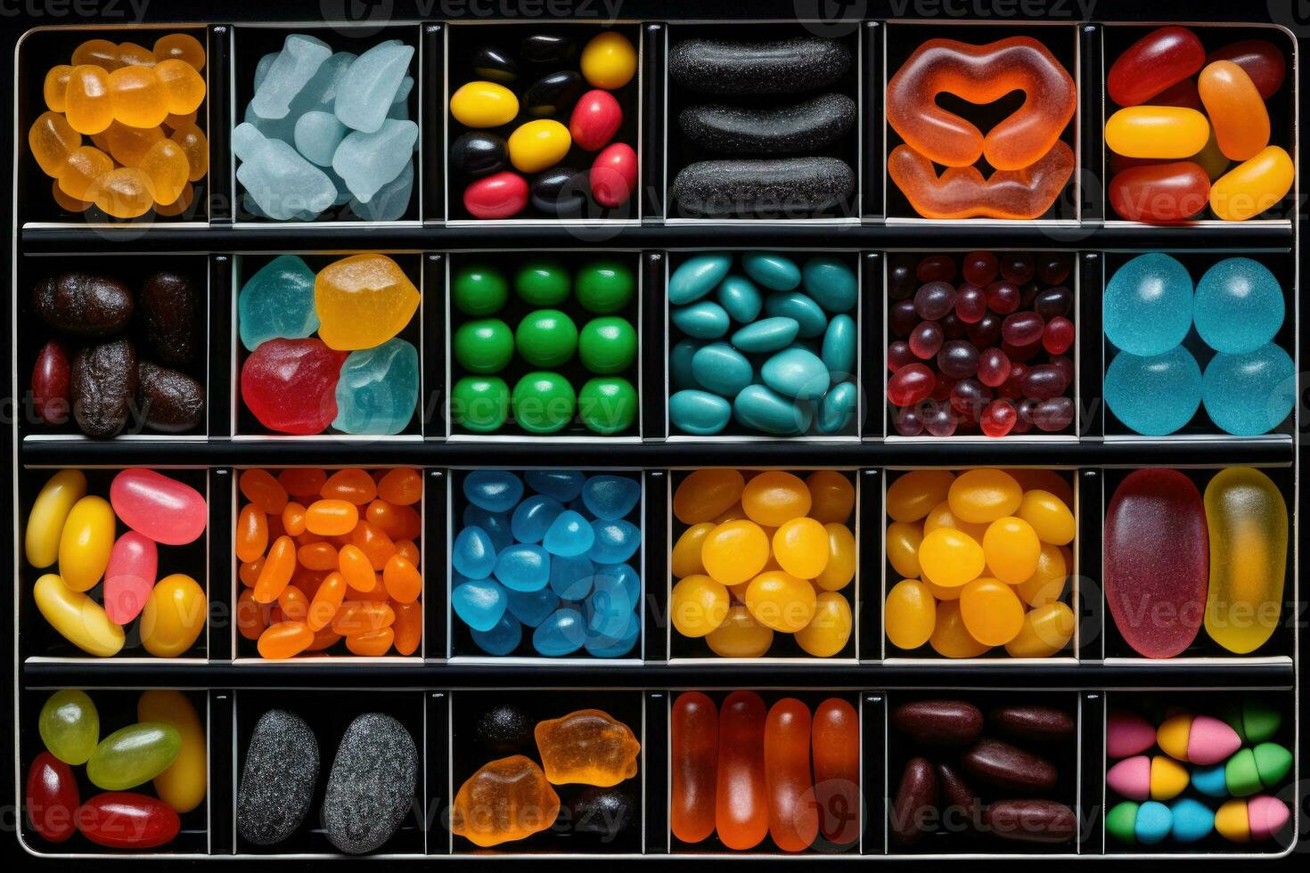 Mix of candies in box. Marshmallows, candies, dragee, fruit jelly. Top view flat lay. Generative AI photo