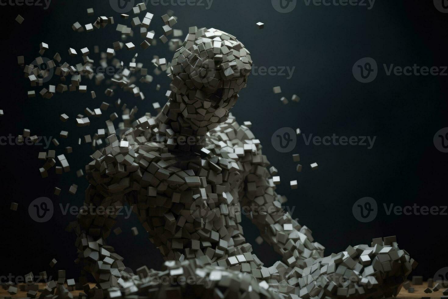 The man made of disintegrating tessellated cubes. Concept of disintegration of mind. Generative AI photo