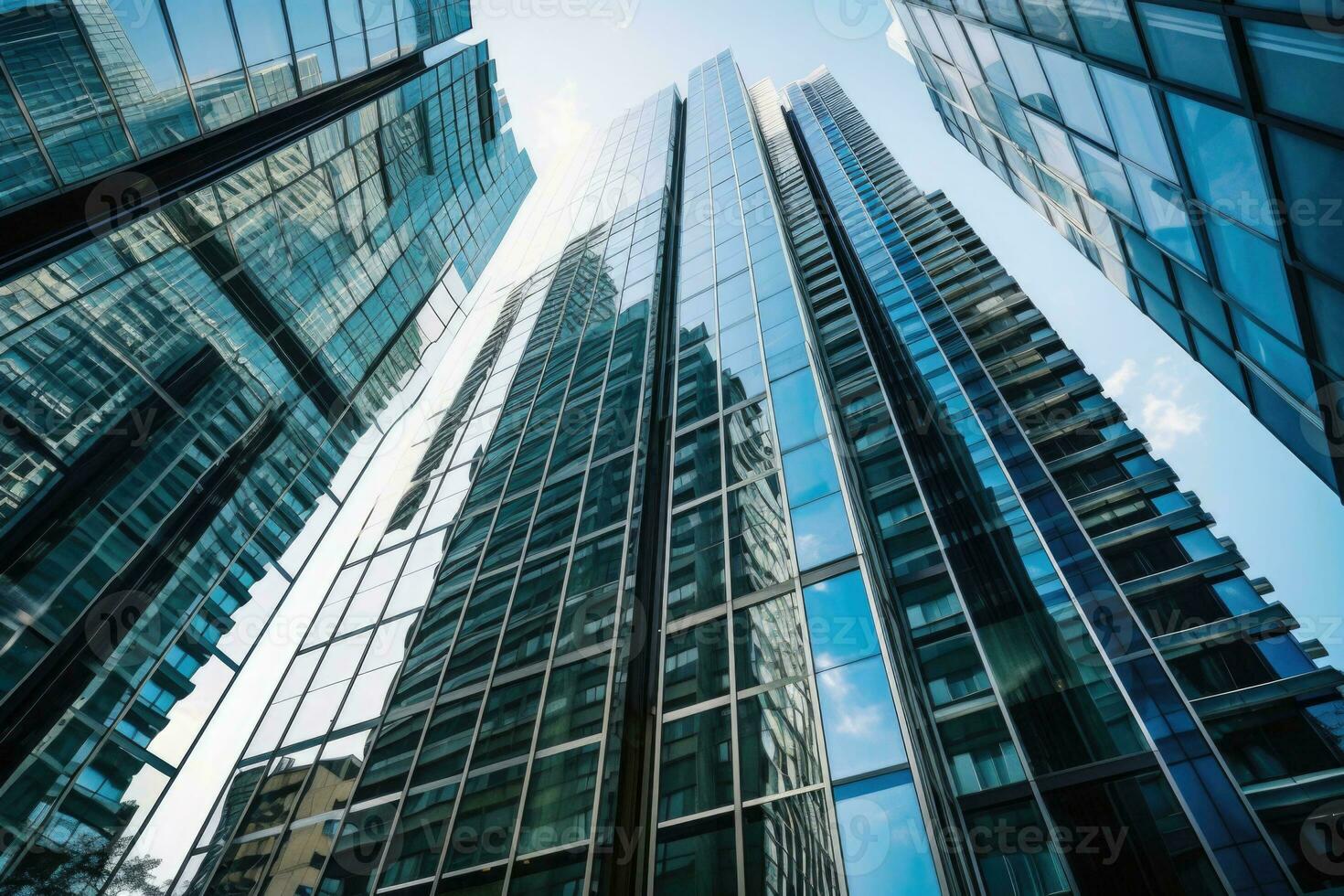 Curtain wall details of high rise buildings. Glass skyscrapers in business district. Generative AI photo