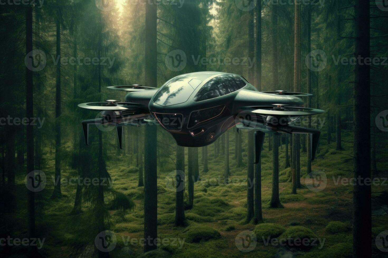 Futuristic drone flies into the forest among the trees. Generative AI photo