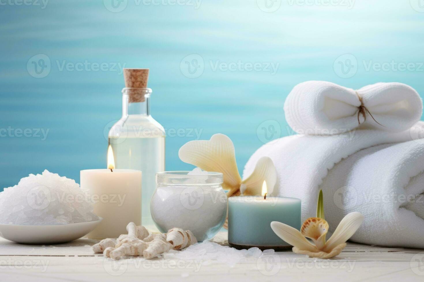 belleza tratamiento artículos para spa procedimientos. masaje piedras, esencial petróleo y mar sal. generativo ai foto
