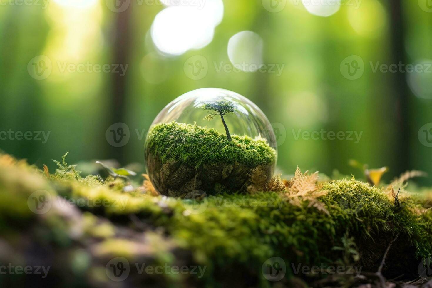Crystal ball with plants on moss in forest environmental. Earth day concept. Generative AI photo