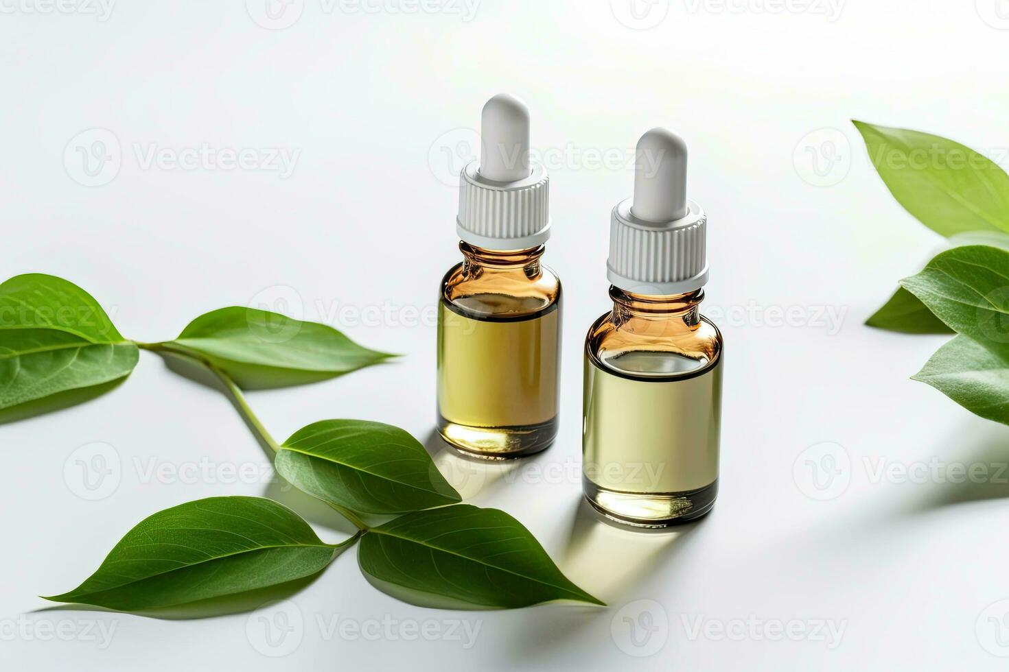 Cosmetic serum in a glass bottles with green leaves on light background. Generative AI photo