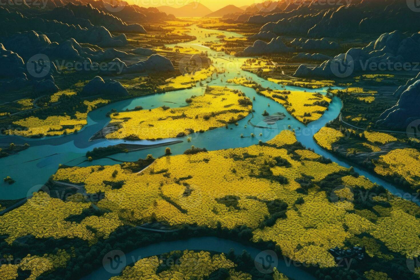 Colza fields with azure river in the middle. Aerial view. Generative AI photo