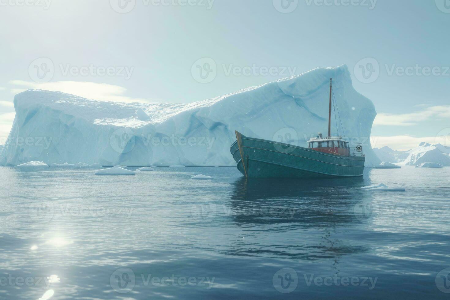 Antarctic landscape with ship and icebergs. The ship driving through frozen sea. Generative AI photo