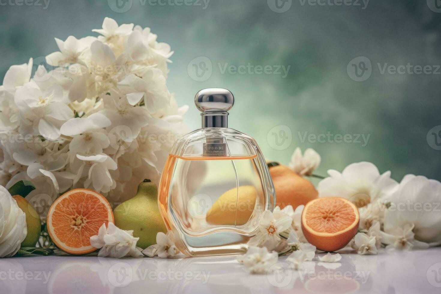 perfume botellas, flores y frutas en ligero antecedentes. generativo ai foto