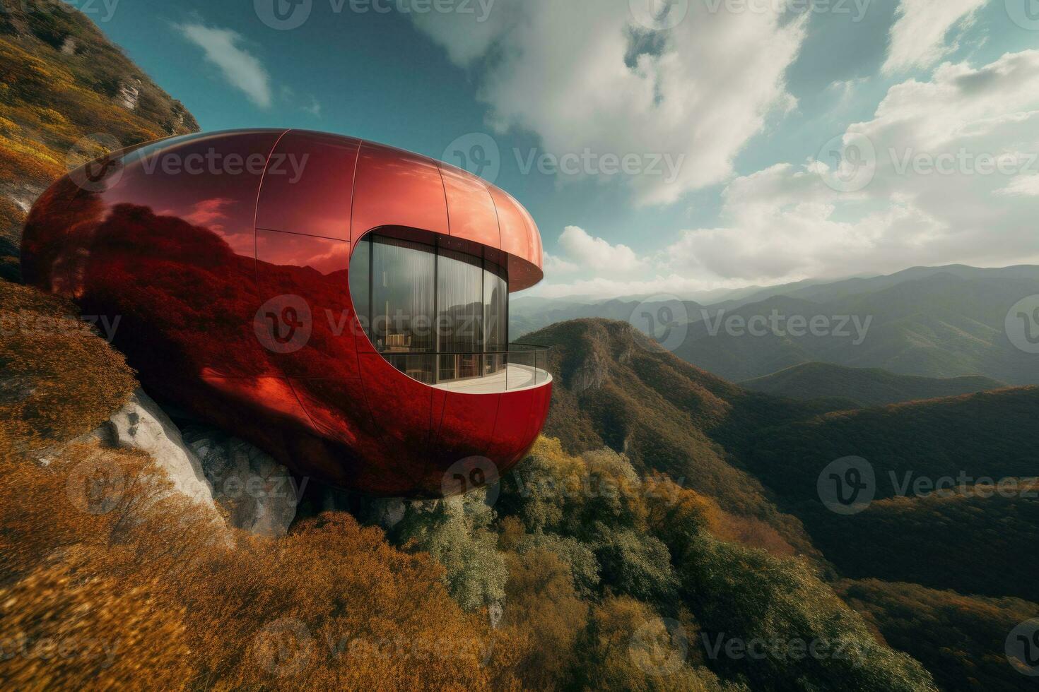 Futuristic cantilever circular arc shaped house in the mountains. Steel fluid geometry Generative AI photo