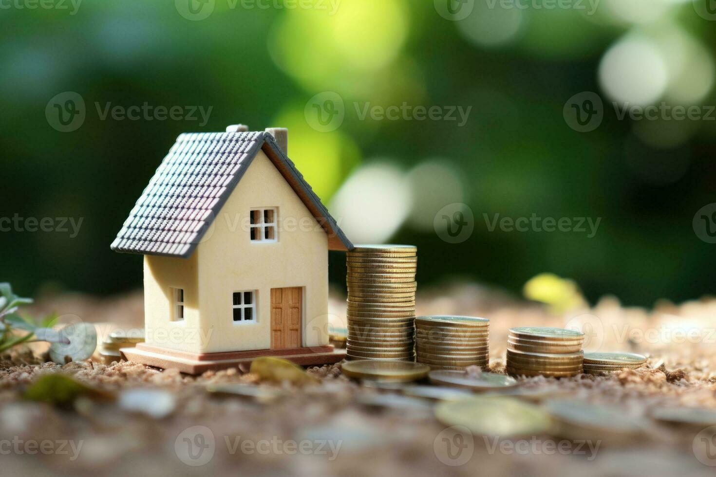 Miniature house with a stack of coins. Financial investment involved in buying a property. Generative AI photo