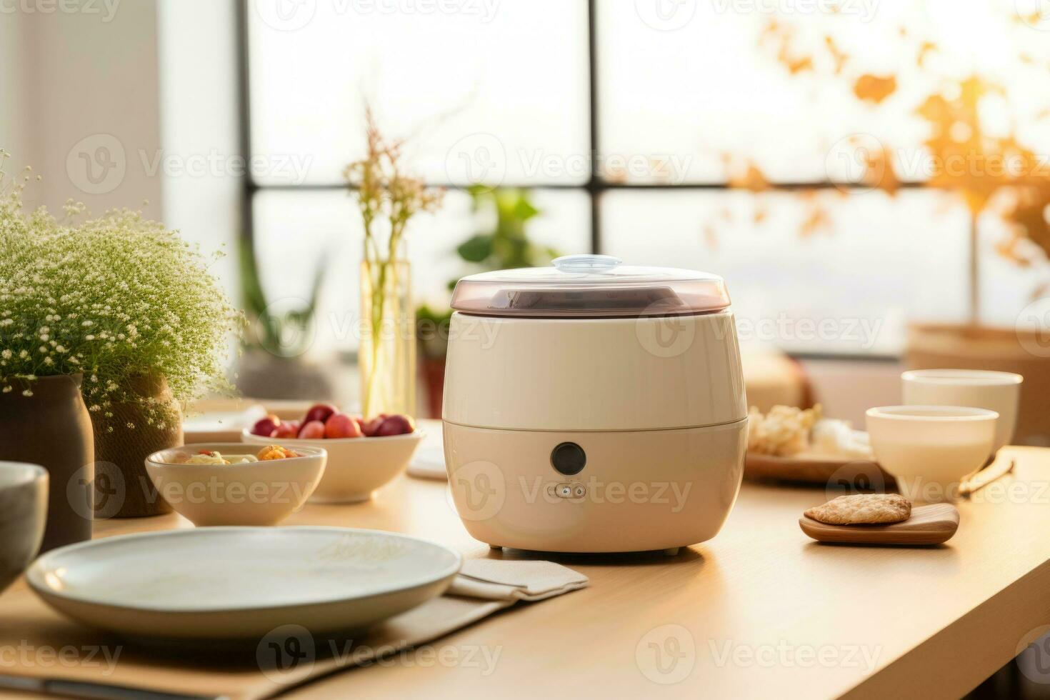 A minimalist bright kitchen with a rice cooker and dishes on top of the dining table. Generative AI photo