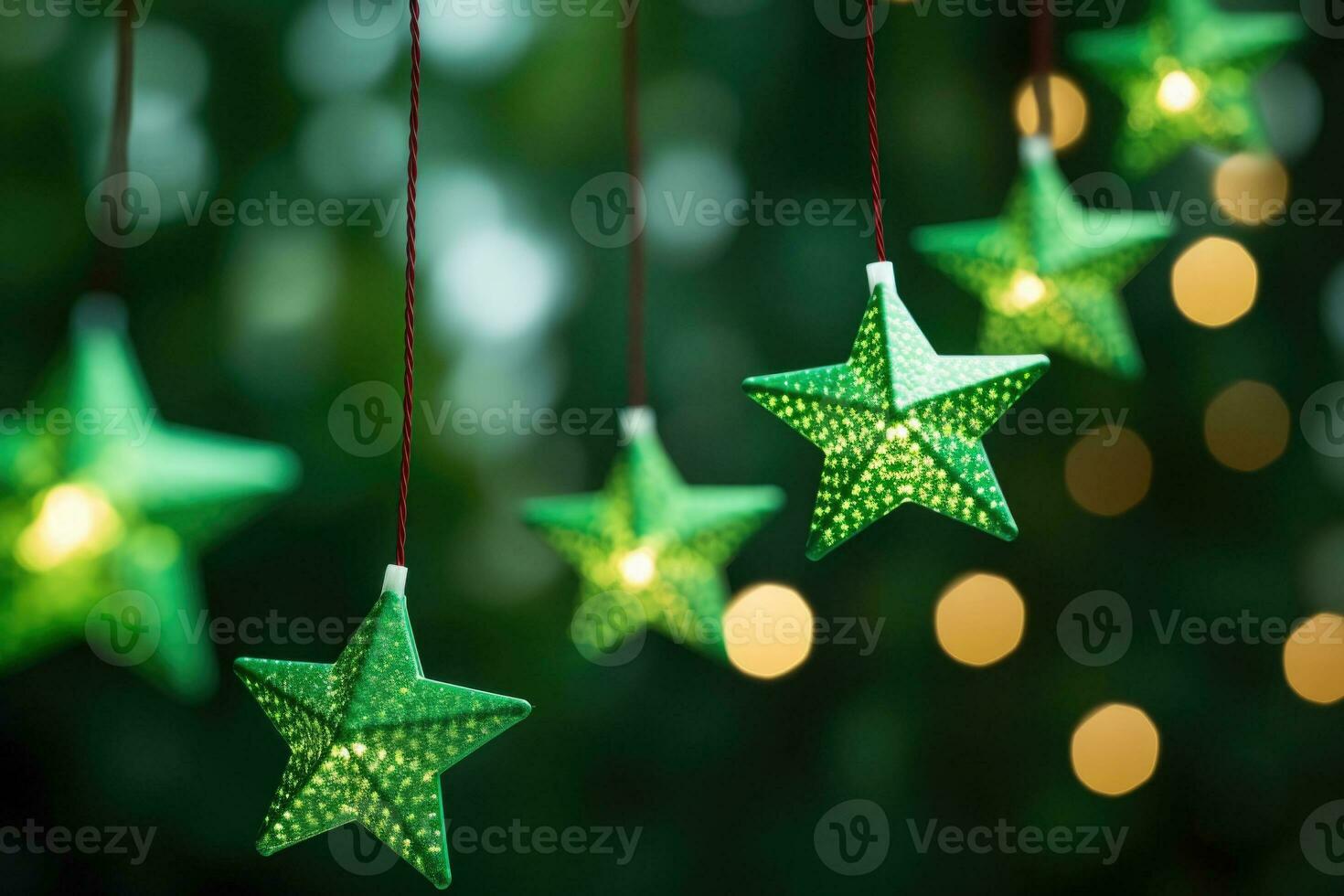 Christmas star lights on blurred green background. Led string light decoration. AI generated photo