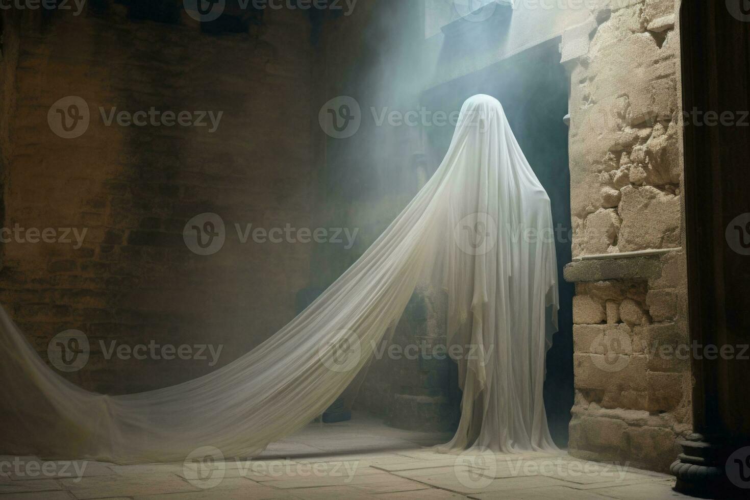 Realistic ghost in old castle. AI generated photo