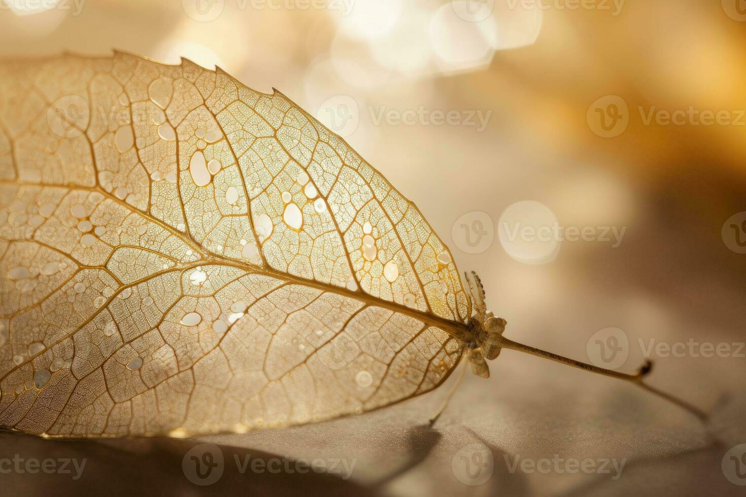 Close up white skeletonized leaf on golden background with round bokeh. Generative AI photo