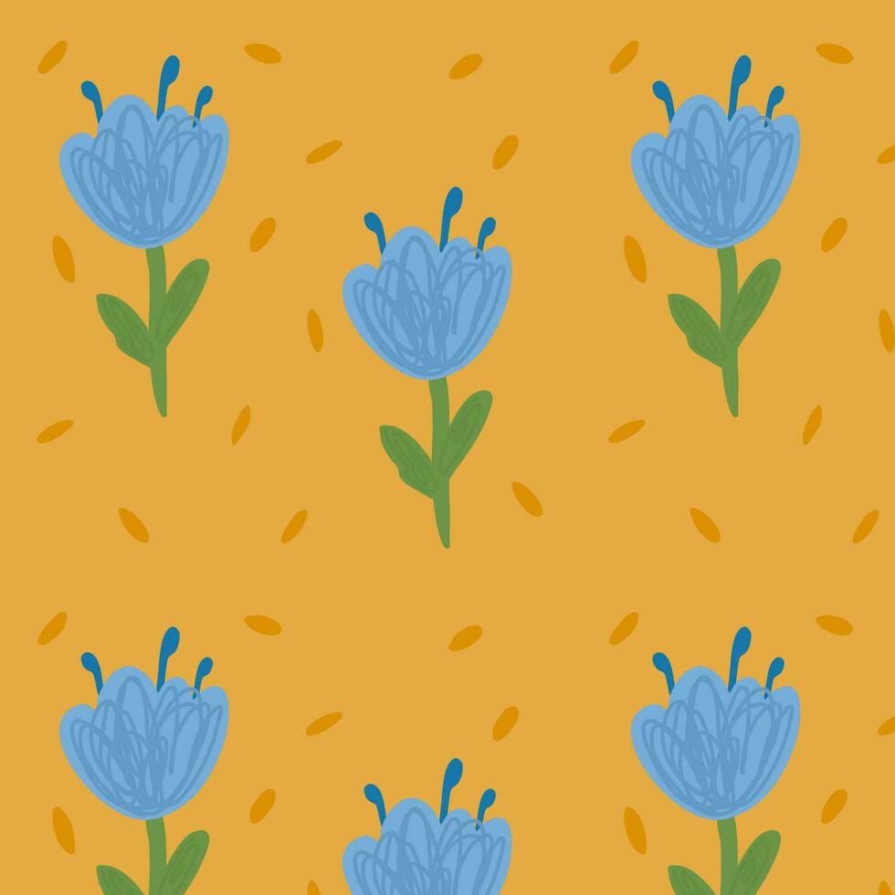 Blue flowers isolated on yellow background. Hand drawn tulip floral seamless pattern vector illustration.