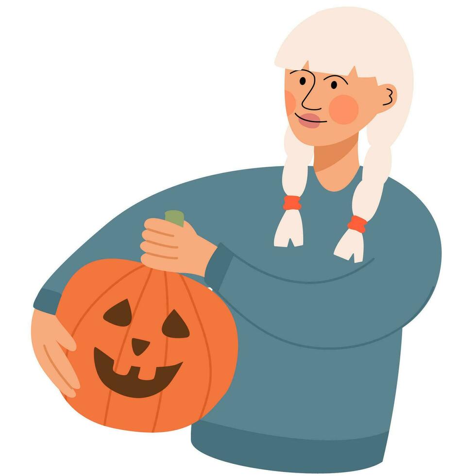 Woman holding pumpkin lanterns for Halloween.Halloween Night Celebration Party. October holidays vector