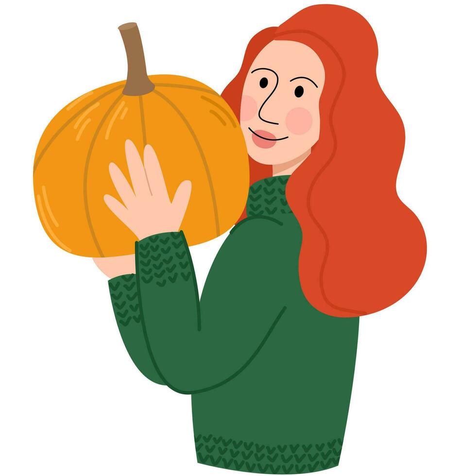 Woman holding pumpkin. Thanksgiving design. Autumn pumpkin.Halloween Night Celebration Party. vector