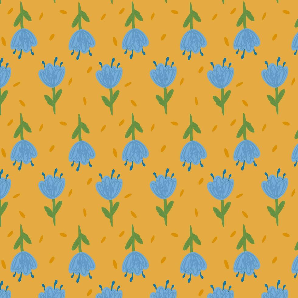 Blue flowers isolated on yellow background. Hand drawn tulip floral seamless pattern vector illustration.