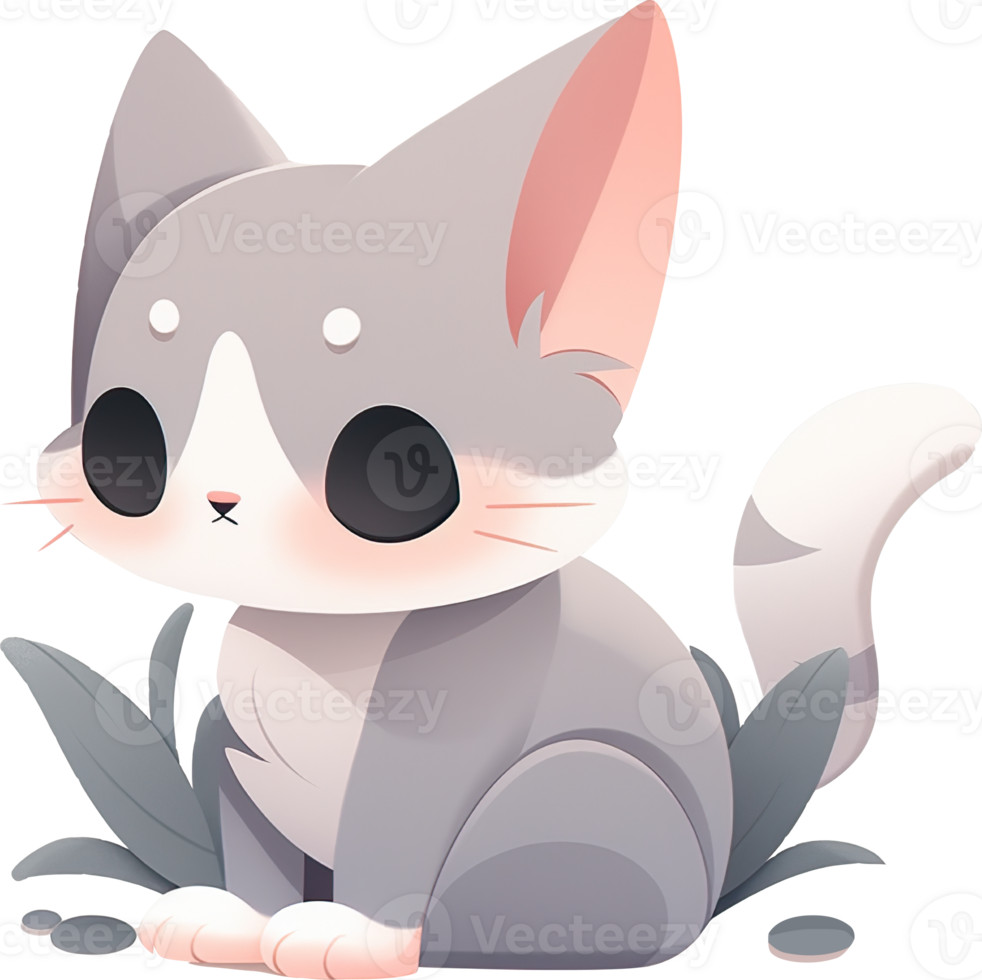 Cute Gray Cat Sitting Beside a Plant AI generated png