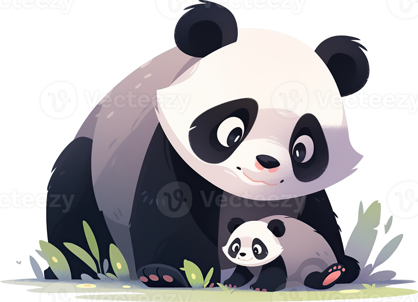 Cute panda with her baby in the grass png