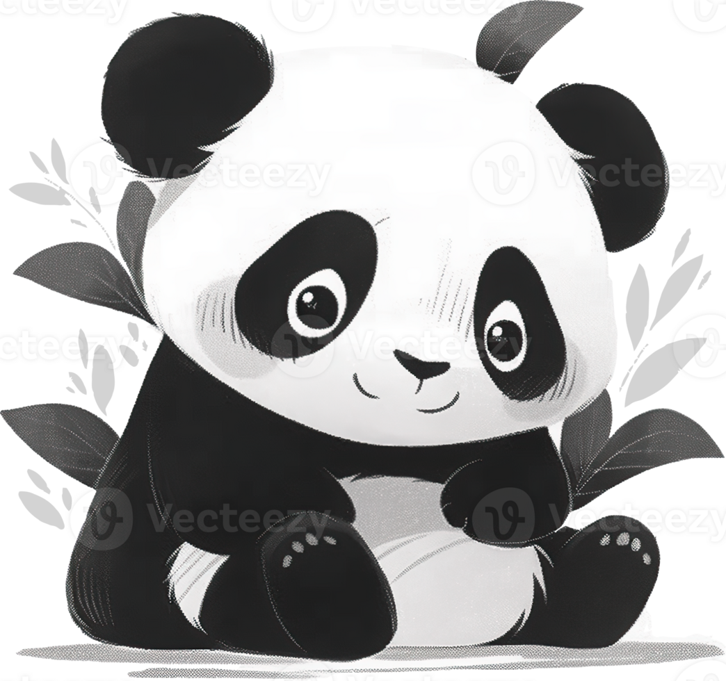 Cute cartoon panda sitting on ground with leaves png