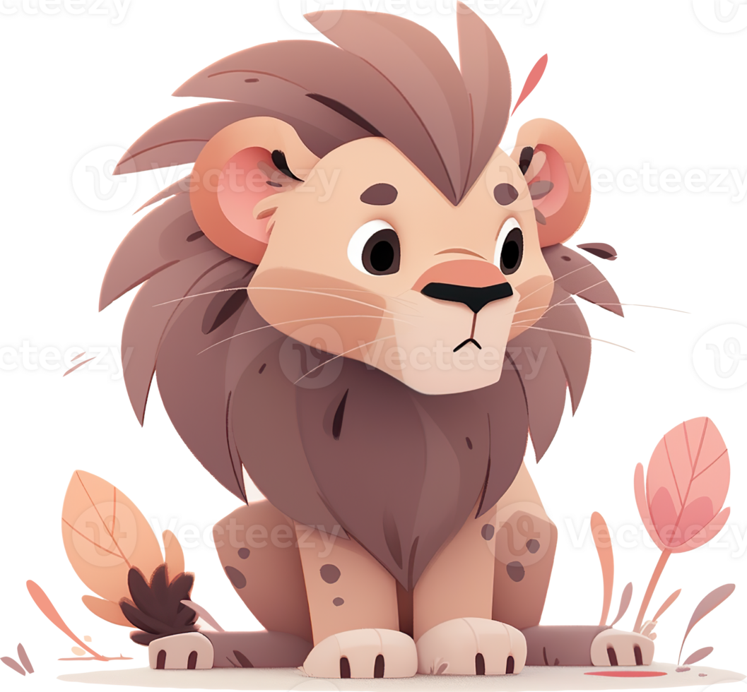 Cute cartoon lion sitting on the ground and looking at the camera png