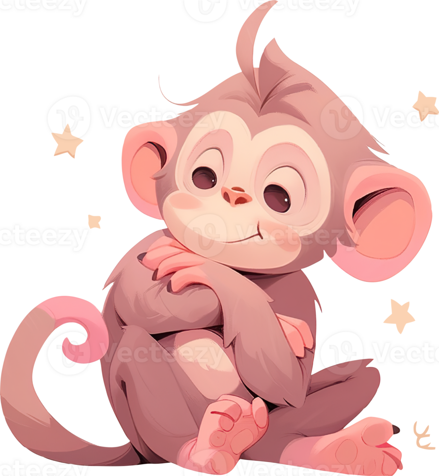 A pink monkey with a pink tail sits on a white background with AI generated png